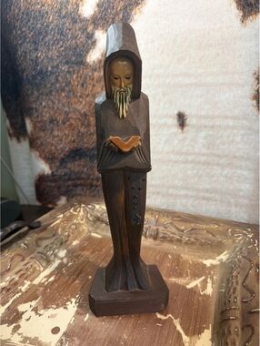 Hand-Carved Wooden Monk Figurine with Book